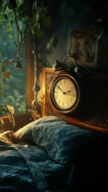 Sunlit vintage alarm clock above a tranquil blue bedscape.