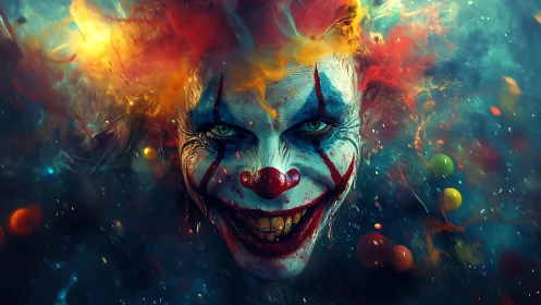 Chromatic infernal clown portrait with volatile particle field.