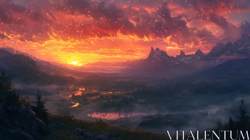 Sunset stitches fiery constellations above misty valley rivers