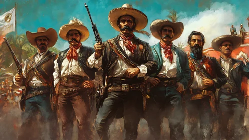 Proud revolutionaries stand united in bold desert sunlight