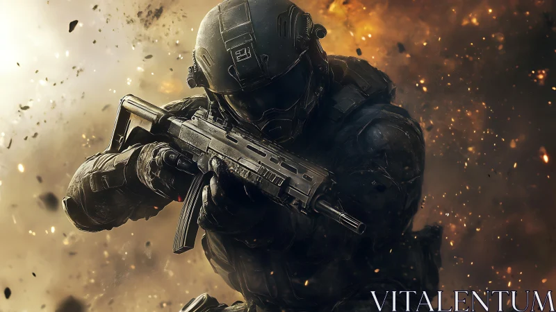 Elite futuristic soldier charges forward through blazing chaos