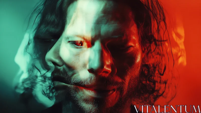 Triple exposure portrait shows split face under dual lighting