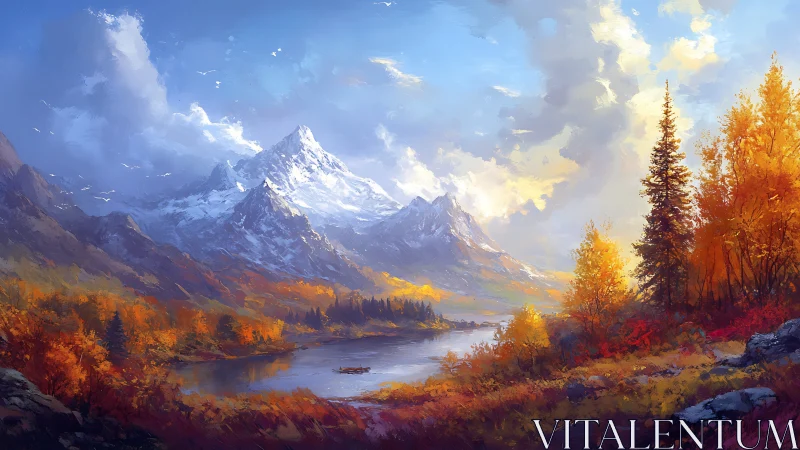 Snow-capped mountain range above autumn lake landscape.