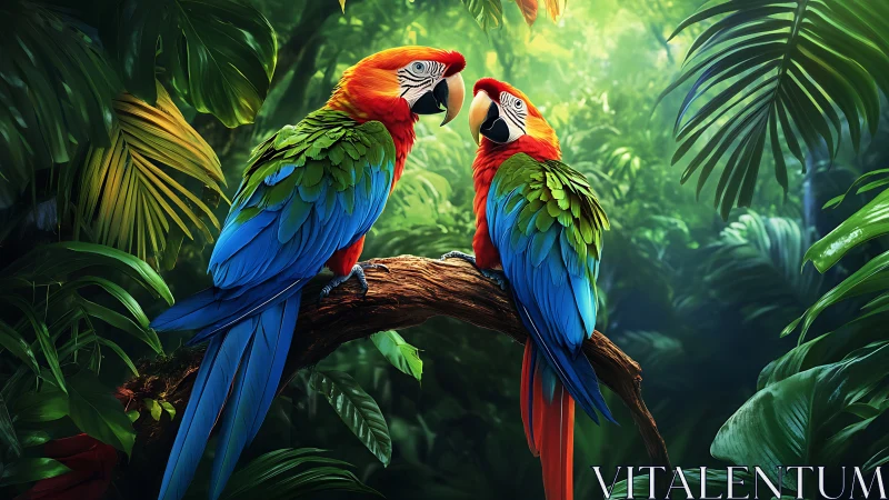 Vibrant macaws on jungle branch in vivid digital art style.