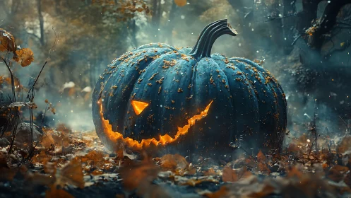 Glowing jack o lantern dominates misty autumn forest floor