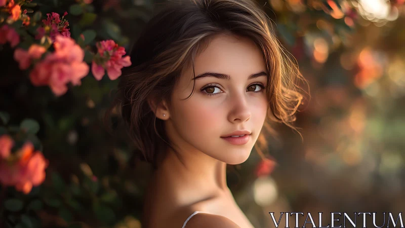 Soft-focus outdoor portrait renders luminous skin and florals
