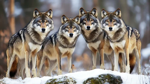 Four gray wolves standing on snowy forest ground in winter.