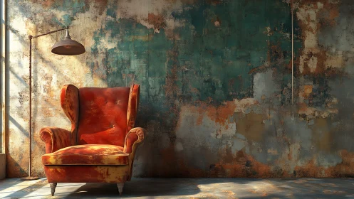 Aged armchair anchors an industrial loft with patina-rich wall