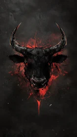 Dark bull head illustration over red splatter on black background.