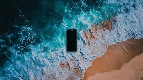 Smartphone lies centered on aerial shot of ocean shoreline