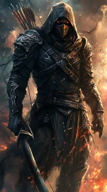 Hooded armored archer standing in fiery battle smoke.