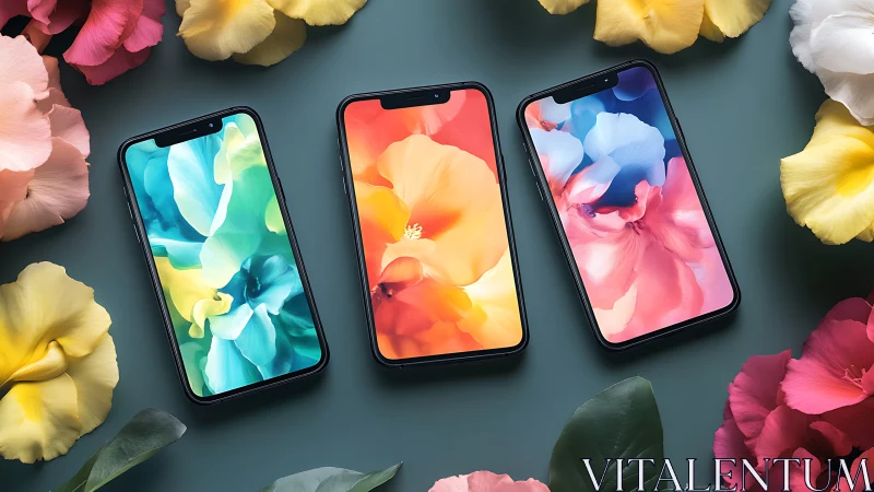 Three Smartphones Display Colorful Floral Wallpapers Surrounded by Blooms