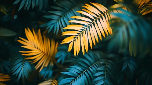 Golden tropical fronds contrast against deep teal foliage.