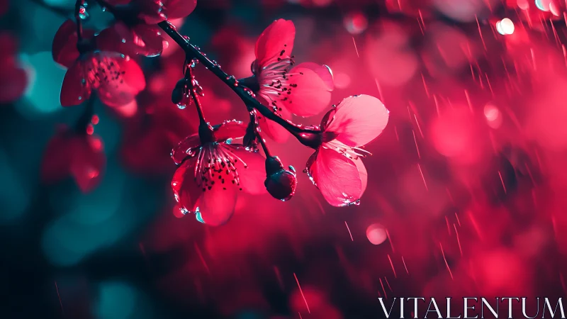 Pink blossoms with water droplets under rain in magnified view.