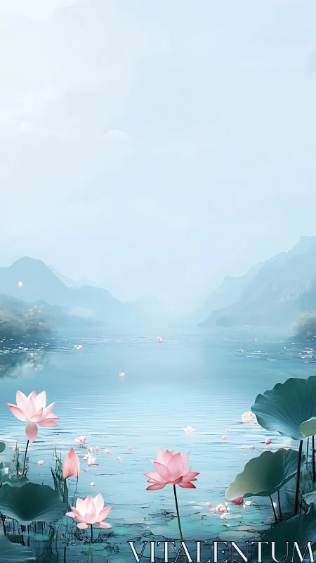 Serene lotus lake recedes into misty blue atmospheric depth