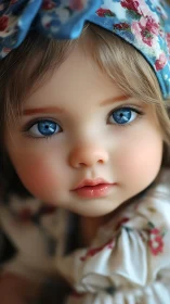 Blue-eyed child portrait with floral headband and dress.