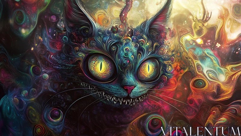 Cosmic dream cat gazes out with bright, swirling wonder