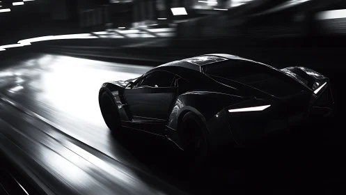 Midnight hypercar slicing through luminous wet asphalt.