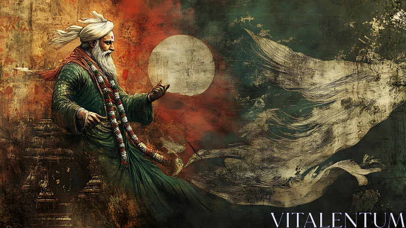 Mystic sage strides through dusk sky before full moon glow