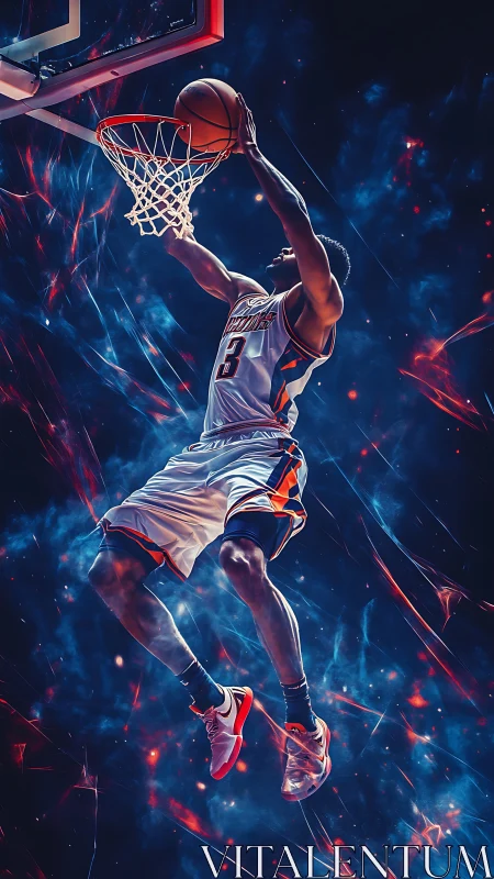 Dynamic basketball dunk rendered with neon particle energy trails