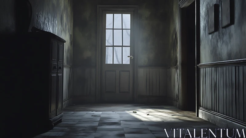 Volumetric light through decayed corridor doorway geometry.