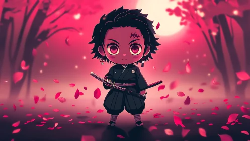 Chibi dual-katana swordsman under luminous crimson sakura sky.