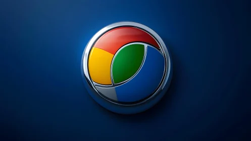 Chrome browser logo in 3D metallic style on blue background.