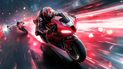 Red superbike racer cuts through neon speed trails at night