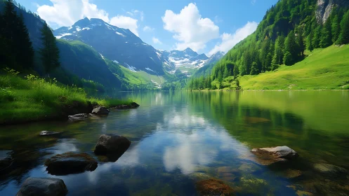 Mountain lake mirror under vivid alpine summer light.