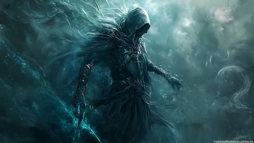 Hooded wraith strides through stormy teal mist in silence