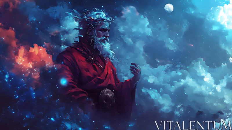 Cosmic robed mage rendered in high-contrast nebular color fields