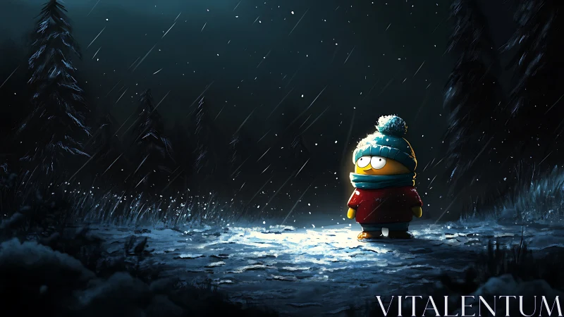 Cartoon winter figure stands under spotlight in snowy forest