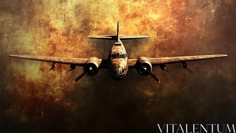 Vintage twin engine airplane on textured rust background.