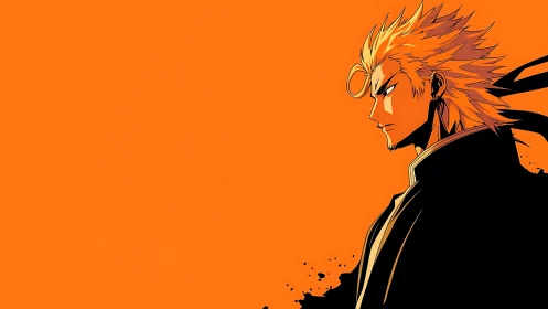 Profile portrait of spiky haired anime swordsman on orange field