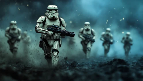 Stormtrooper charge through smoky, cinematic battlefield.