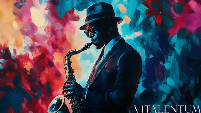 Jazz saxophonist in suit against bold abstract colors.
