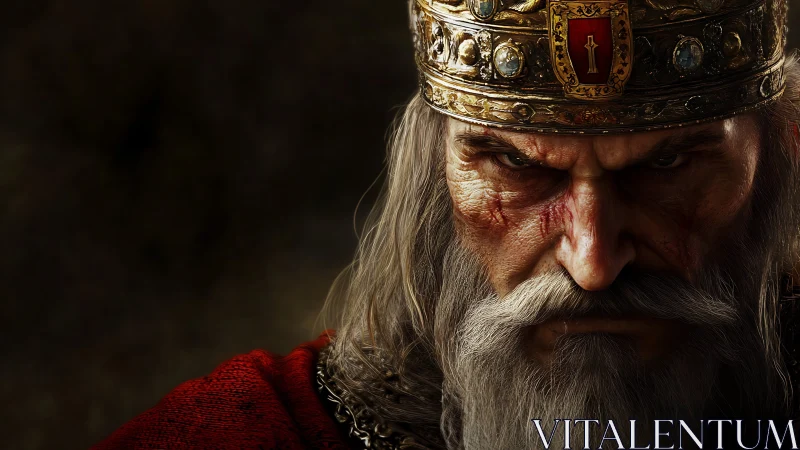 Battle-scarred king glares under ornate jeweled crown