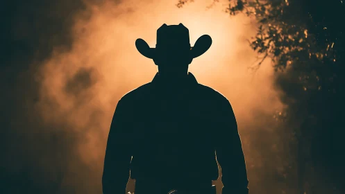 Backlit cowboy silhouette walks straight into burning dusk