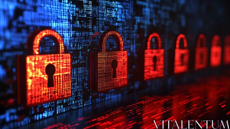 Glowing digital padlocks guard streams of encrypted data.