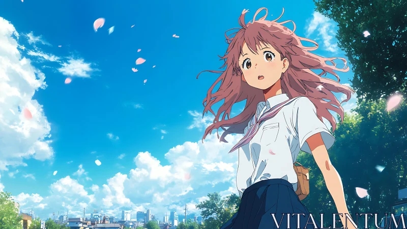 Schoolgirl walks under bright sky with drifting petals