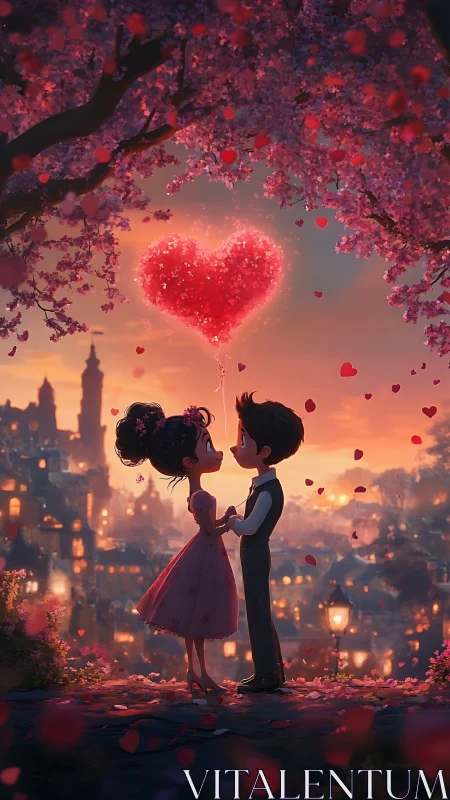 Couple Under Glowing Heart in Fantasy Cityscape.
