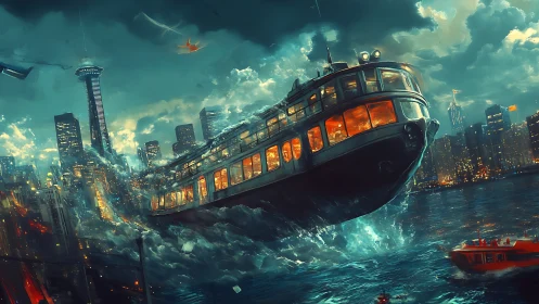 Retro-futurist commuter ferry launching from neon harbor skyline