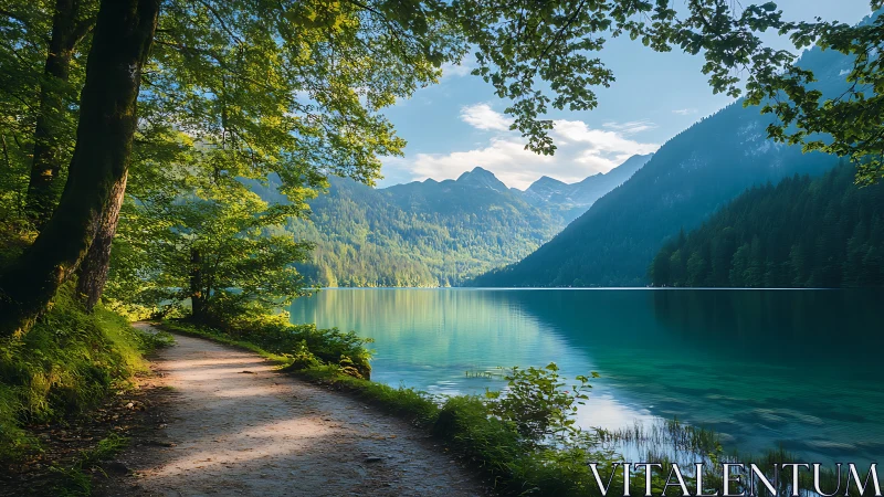 Lakeside forest path runs beside clear mountain water