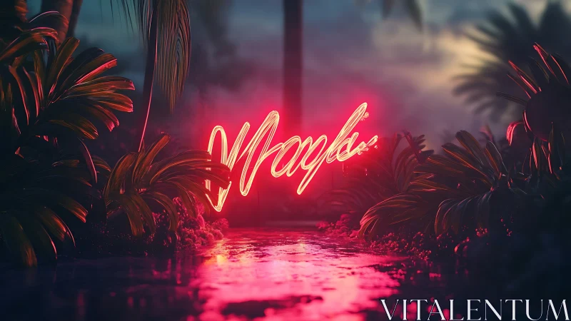 Neon script sign glows over tropical water at dusk