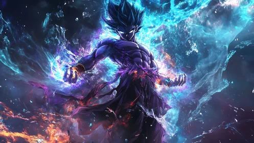 Elemental anime warrior ascends in swirling cosmic energy.
