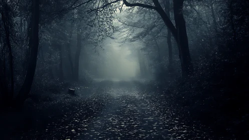 Foggy forest path at night with scattered fallen leaves.