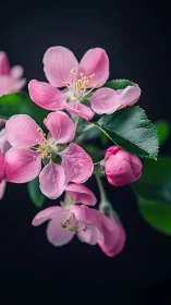 Pink Apple Blossoms in Full Bloom Against Dark Background.