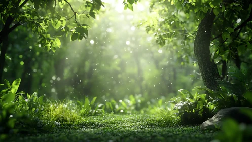 Sunlit Forest Clearing with Lush Greenery in Photorealistic Style.