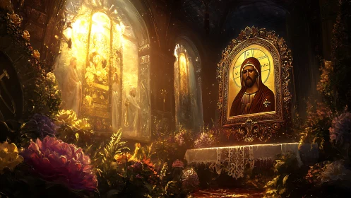 Gilded icon glows amid wild cathedral garden of light.