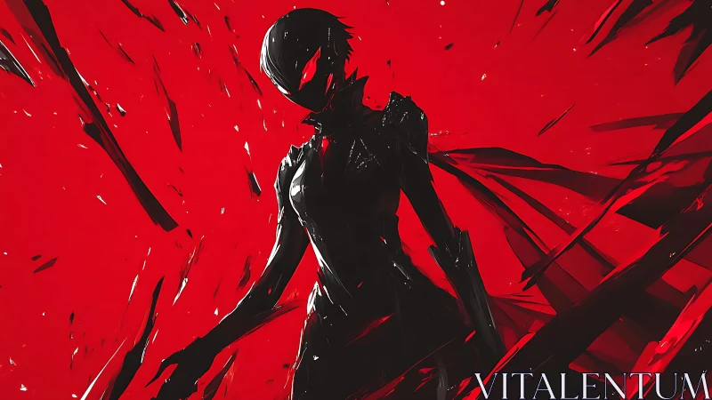 Silhouetted cybernetic warrior cuts through abstract crimson void